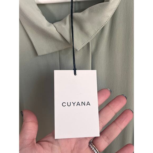 Cuyana Funnel Neck Silk Puff Sleeve Collared Midi Dress Green Women's XS NWT - Picture 6 of 13